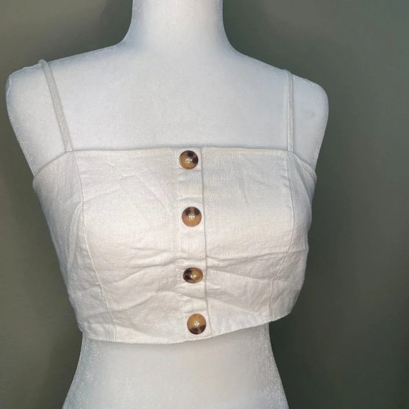 FOREVER 21 Linen Look Crop Top Tie Back Button Front - size small - Picture 2 of 4